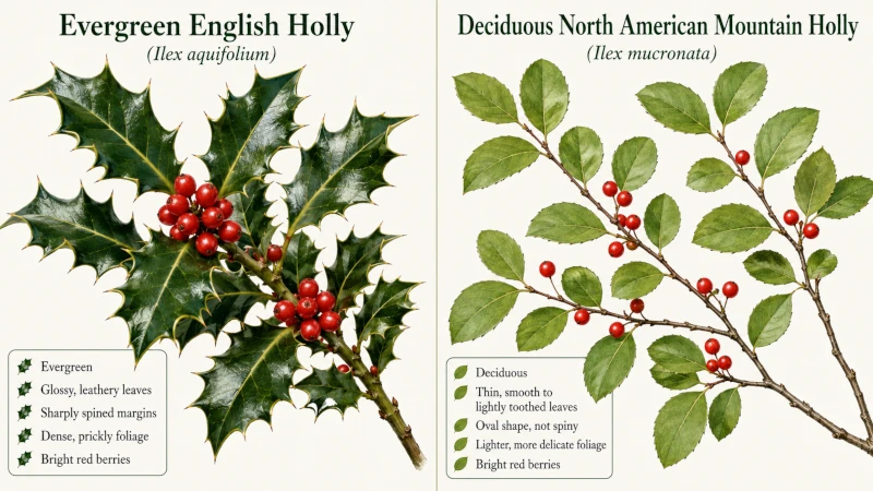 Side-by-side comparison of evergreen English holly and deciduous North American mountain holly, showing leaves and berries.