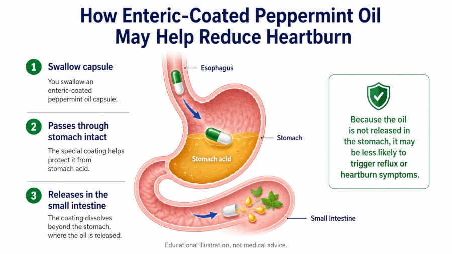 Diagram showing how enteric-coated peppermint oil passes the stomach to reduce heartburn.