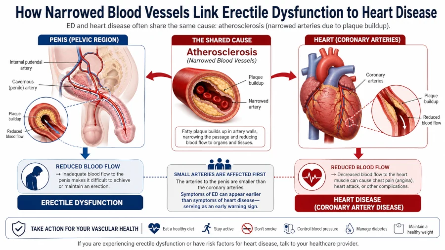 Diagram showing how narrowed blood vessels link erectile dysfunction to heart disease.