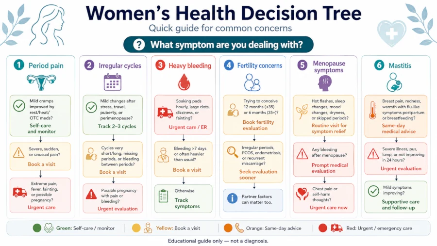 Decision tree for female disorders such as period pain, irregular cycles, heavy bleeding, fertility concerns, menopause symptoms, and mastitis