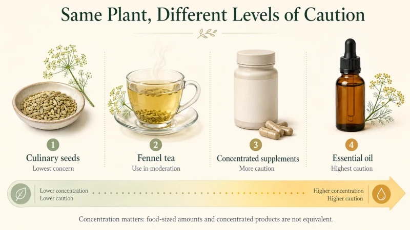 Comparison of culinary fennel seeds and tea with concentrated fennel supplements and essential oil