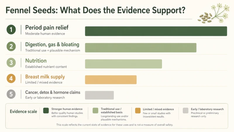 Evidence chart comparing scientific support for fennel seed benefits including period pain, digestion, nutrition, milk supply, and laboratory claims