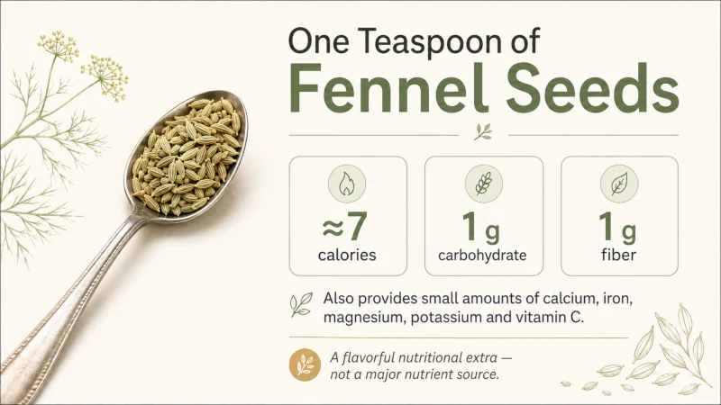 Nutrition infographic showing calories, carbohydrates, fiber, and minerals found in one teaspoon of fennel seeds