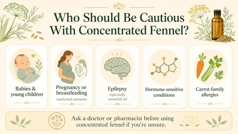 Safety infographic showing groups who should be cautious with concentrated fennel products