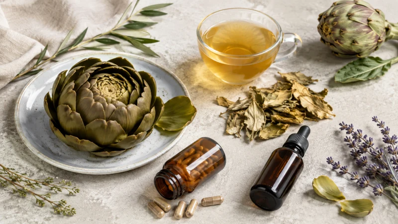 Cooked artichoke, dried leaf tea, capsules and liquid artichoke extract