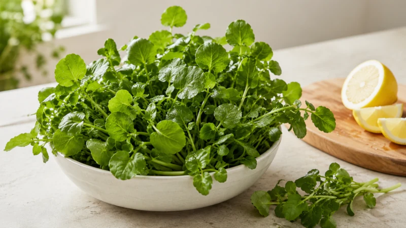 Fresh watercress leaves in a bowl, a nutrient-dense leafy green rich in vitamin K and vitamin C