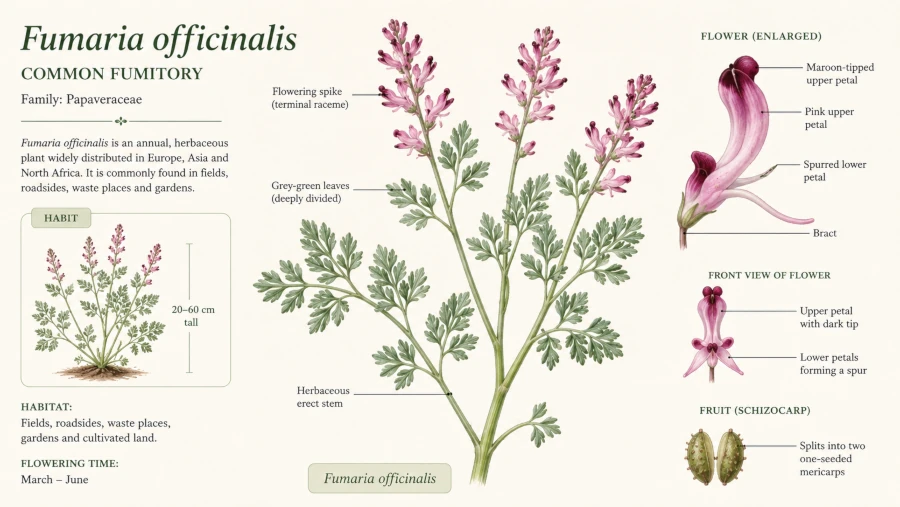 Labeled illustration of Fumaria officinalis (Fumitory plant) showing grey-green leaves and pink maroon-tipped flowers.