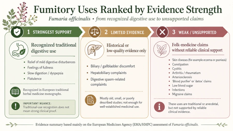 Chart ranking fumitory uses by evidence strength, from recognized digestive use to unsupported claims.