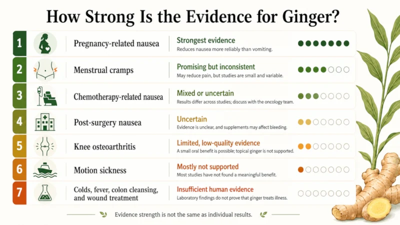 Chart grading ginger's evidence by use, from strongest for pregnancy nausea to insufficient for colds