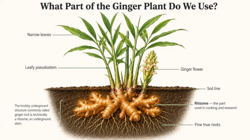 Labelled diagram of the ginger plant showing stems, leaves, flower, and the rhizome used medicinally