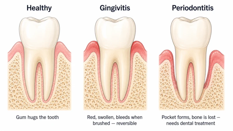 Cross-section diagram showing three stages of gum disease: healthy gums, gingivitis with swelling, and periodontitis with pocket formation and bone loss