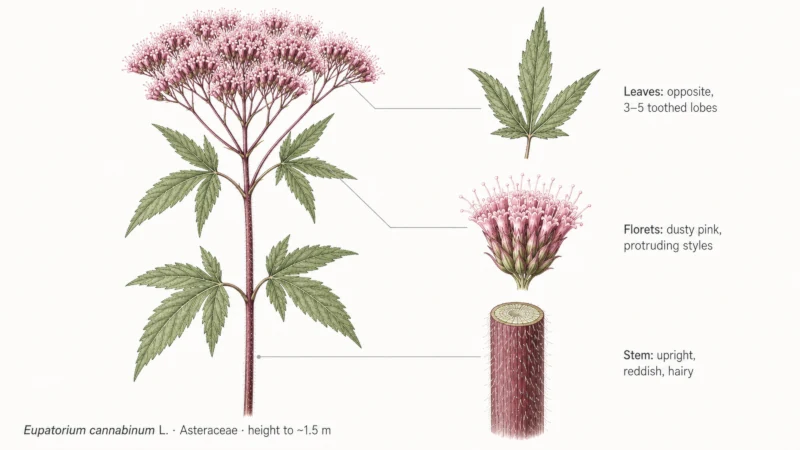 Hemp agrimony plant showing dusty pink flower clusters, opposite three-lobed toothed leaves, and reddish upright stems.
