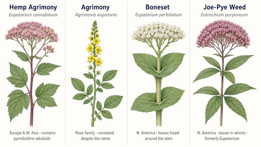 Four-panel comparison of hemp agrimony, common agrimony, boneset, and Joe Pye weed showing flower and leaf differences.