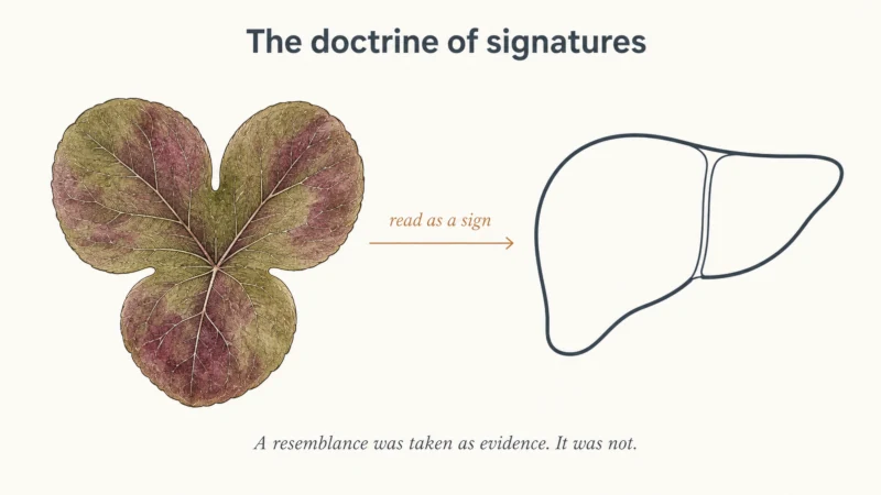 Hepatica leaf with three rounded lobes shown beside an anatomical liver outline, illustrating the doctrine of signatures
