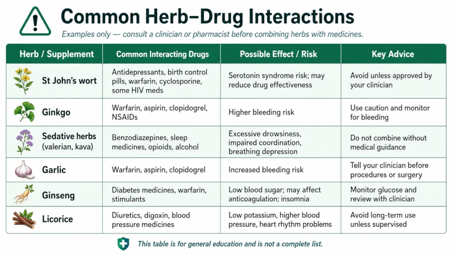 able of common herb–drug interactions including St John's wort, ginkgo, and sedative combinations.