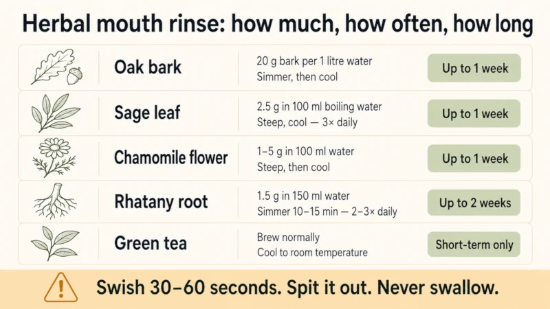 Reference card listing preparation ratios and duration limits for oak bark, sage, chamomile, rhatany and green tea mouth rinses.
