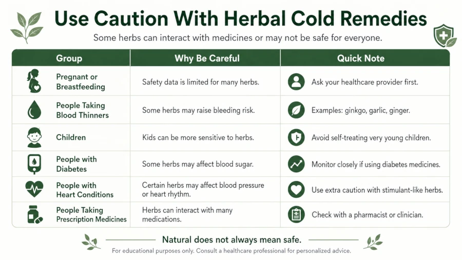 Table of groups who should use caution with herbal cold remedies, including pregnancy and blood thinners.