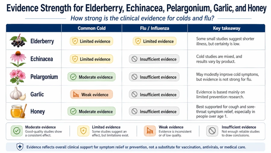 Chart comparing evidence strength for elderberry, echinacea, pelargonium, garlic and honey for colds and flu.