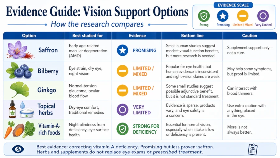 Evidence guide comparing saffron, bilberry, ginkgo, topical herbs, and vitamin-A-rich foods