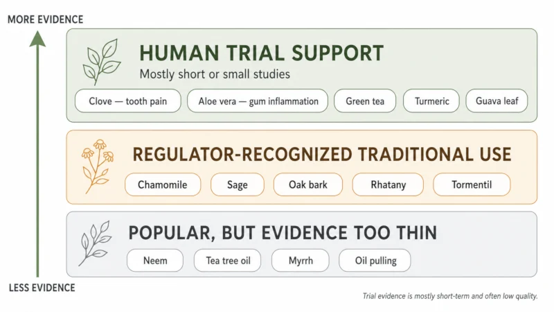 Chart sorting herbs used for teeth and gums into three tiers, from randomized trial support down to traditional use only.