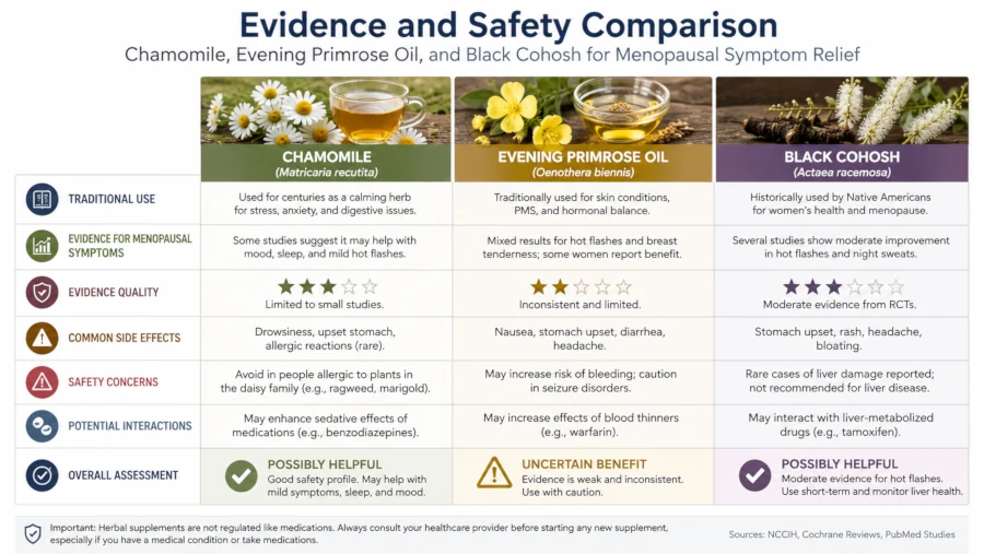Evidence and safety comparison for chamomile, evening primrose oil, and black cohosh
