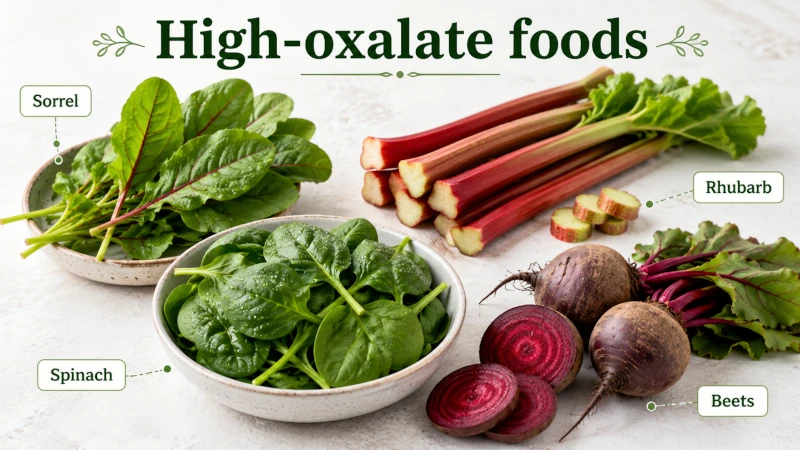 High-oxalate foods: sorrel, spinach, rhubarb, and beets.