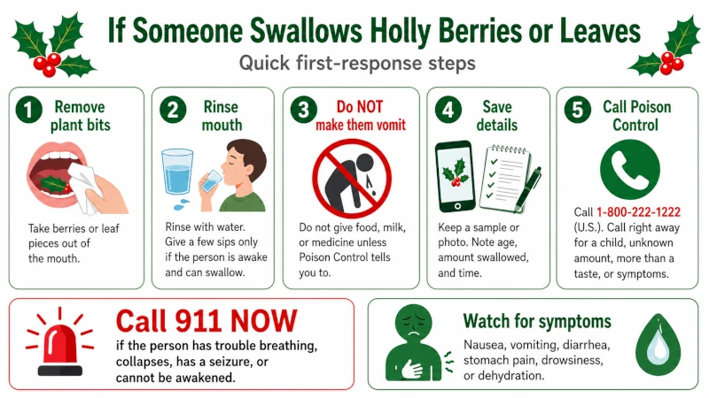 Step-by-step first-response actions after someone swallows holly berries or leaves, including when to call poison control.