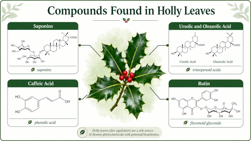 Diagram of compounds found in holly leaves: saponins, ursolic and oleanolic acid, caffeic acid, and rutin.