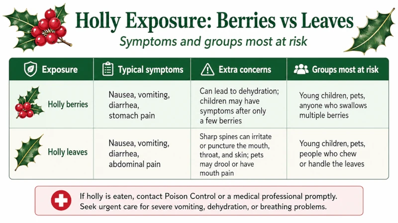 Table comparing symptoms from holly berries versus leaves and the groups most at risk.