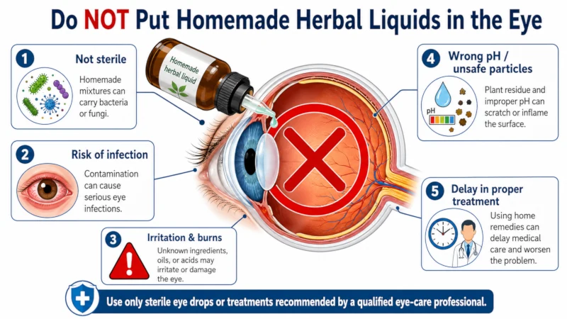 Diagram showing why homemade herbal liquids should not be placed in the eye