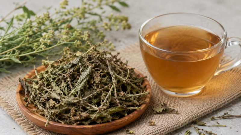 Dried horseweed leaves beside a cup of herbal infusion.