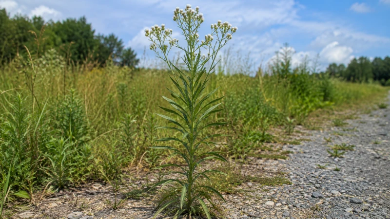 Horseweed plant with narrow leaves and small white flower heads.