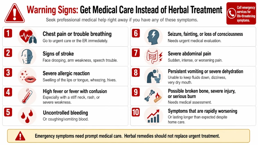 Warning chart of symptoms that need medical care instead of herbal treatment.