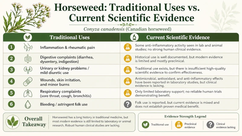 Comparison chart of horseweed traditional uses versus current scientific evidence.