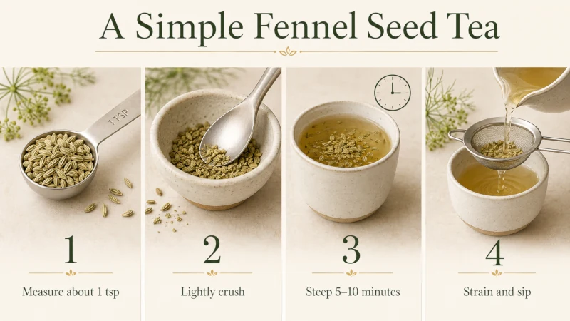 Four illustrated steps showing how to measure, crush, steep, and strain fennel seeds for tea