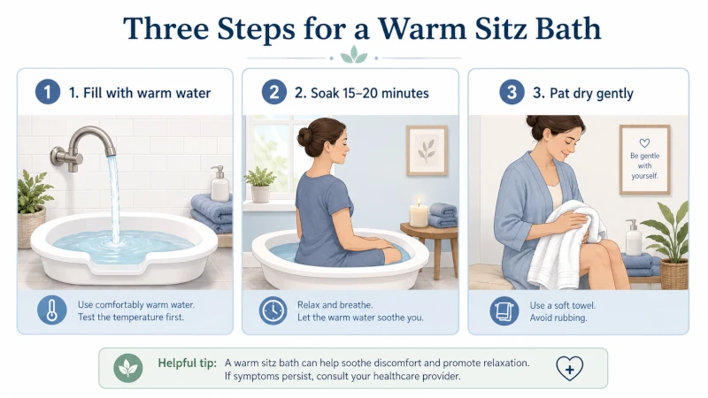 Three steps for a warm sitz bath: fill with warm water, soak 15–20 minutes, pat dry gently.
