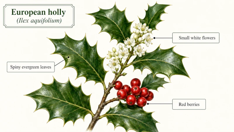 Labeled European holly showing spiny evergreen leaves, small white flowers, and red berries.