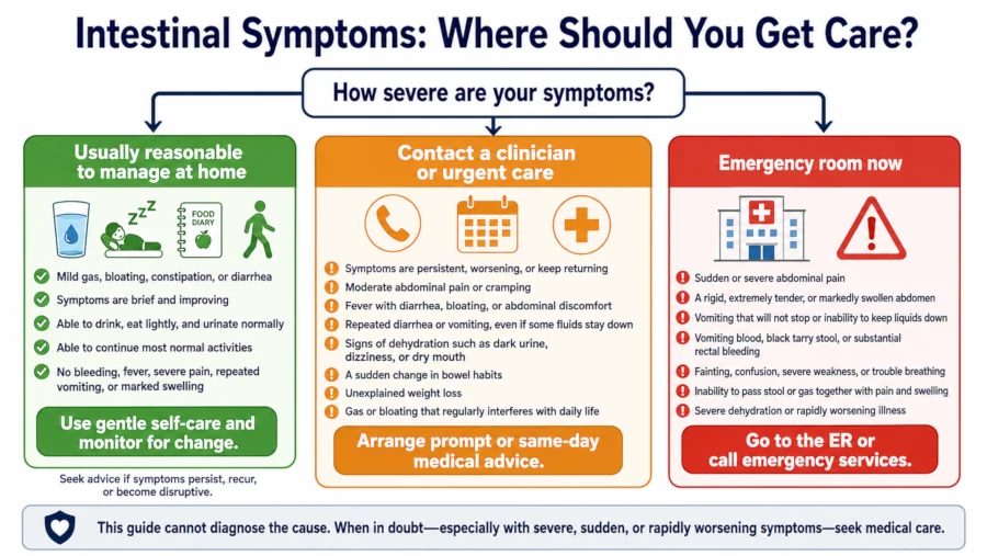 Decision tree showing which intestinal disorders can be managed at home and which need urgent or emergency care
