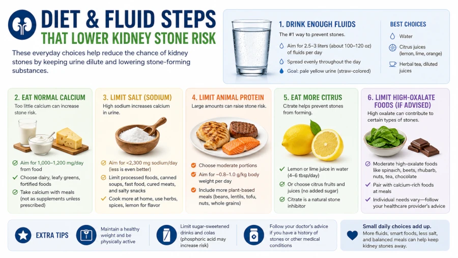 Diet and fluid steps that lower kidney stone risk.