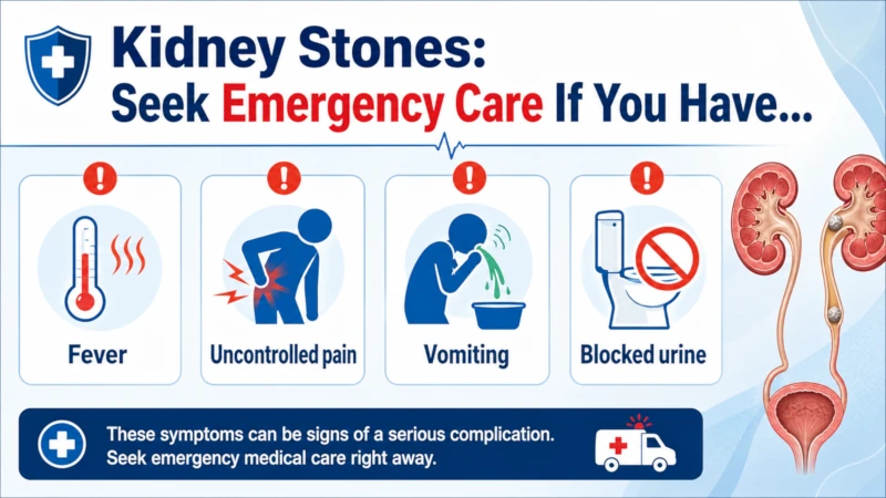 Decision graphic listing fever, uncontrolled pain, vomiting, and blocked urine as reasons to seek emergency care for kidney stones.