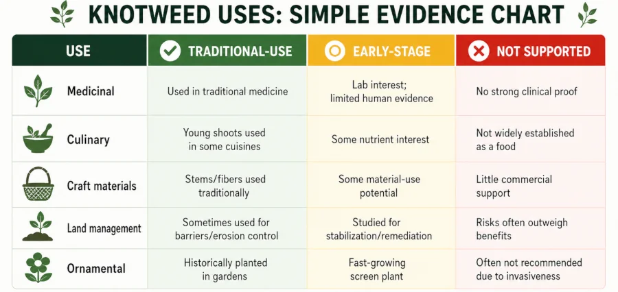 Chart rating knotweed uses from traditional-use to early-stage to not supported.