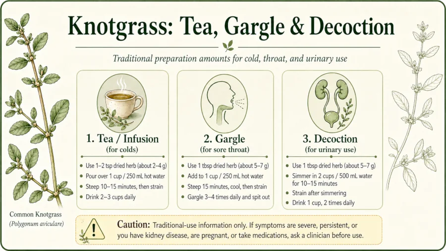 Knotgrass tea, gargle, and decoction amounts for cold, throat, and urinary use.