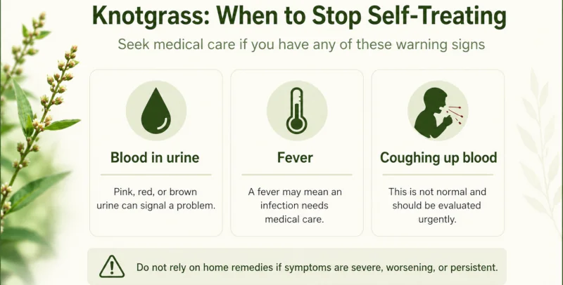 Warning signs — blood in urine, fever, coughing up blood — that mean stop self-treating and seek care.