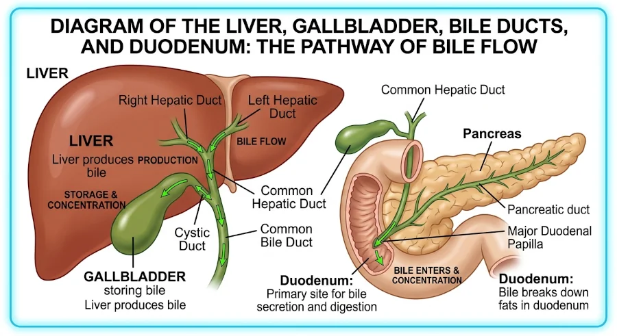 Diagram of the liver, gallbladder, bile ducts, and duodenum showing how bile flows from liver to small intestine. 