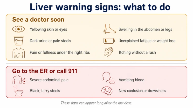 Two-tier reference card listing liver warning signs needing a doctor soon and emergency signs requiring the ER or 911.