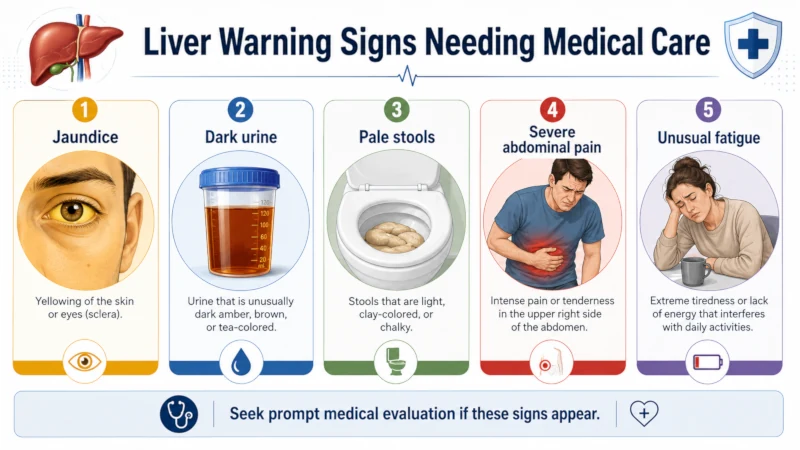 Liver warning signs needing medical care: jaundice, dark urine, pale stools, severe abdominal pain, unusual fatigue.