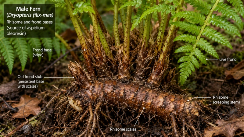 Male fern rhizome and frond bases, the part historically used to make aspidium oleoresin.
