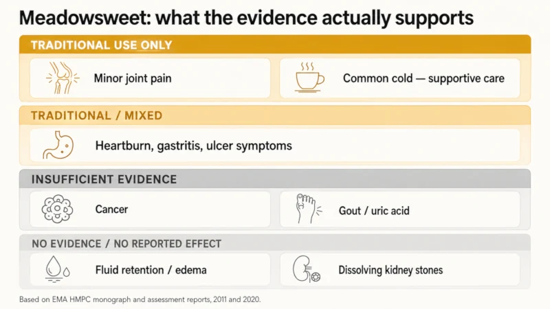 Infographic grouping meadowsweet uses into traditional use, mixed evidence, insufficient evidence, and no evidence categories