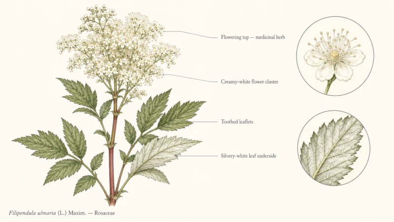 Botanical field-guide illustration of Filipendula ulmaria showing creamy flower clusters, pinnate toothed leaves, a silvery leaf underside, and a reddish grooved stem.