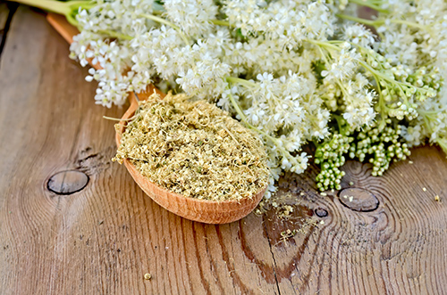 meadowsweet plant and dried herbs in a wooden bowl